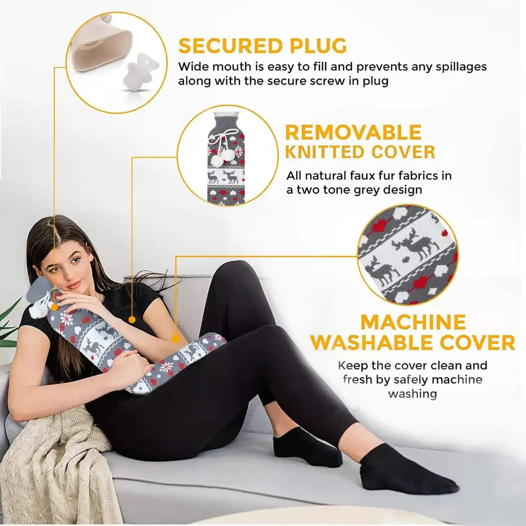 Bouillotte Longue avec Housse Tricotée 1 Litres - Soulage Cou, Dos & Lombaires