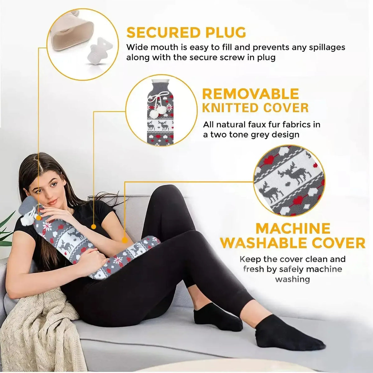 Bouillotte Longue avec Housse Tricotée 1 Litres - Soulage Cou, Dos & Lombaires