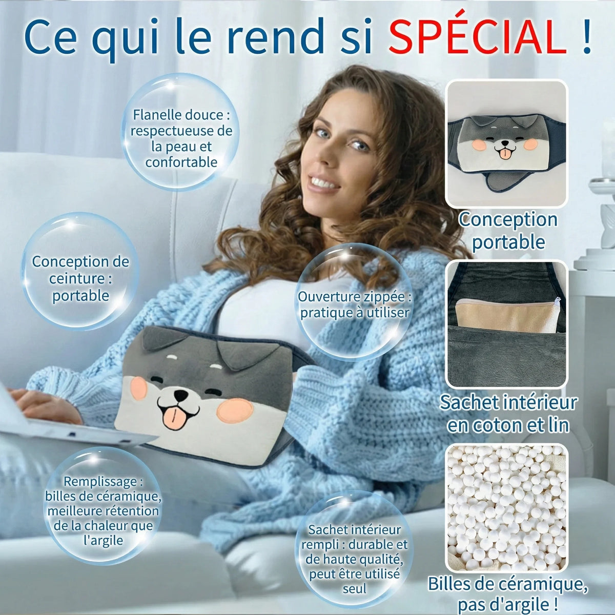 Bouillotte Micro-Ondes Ceinture Chauffante Peluche | Chien ou Chat Mignon
